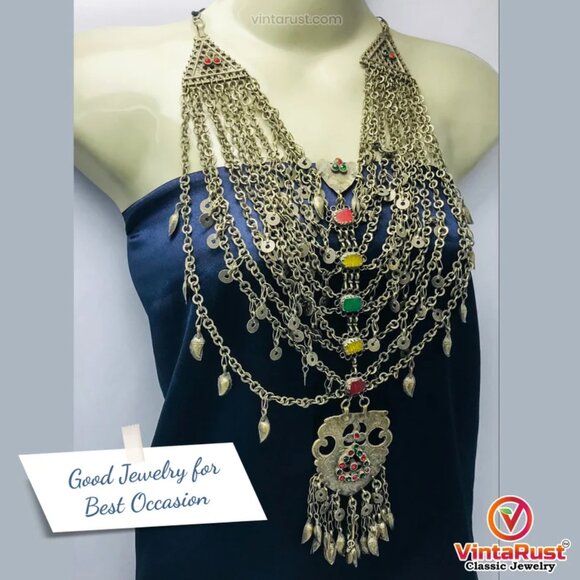 Kuchi Silver Vintage Multilayers Bib Necklace With Dangling Massive Pendant - Picture 3 of 8